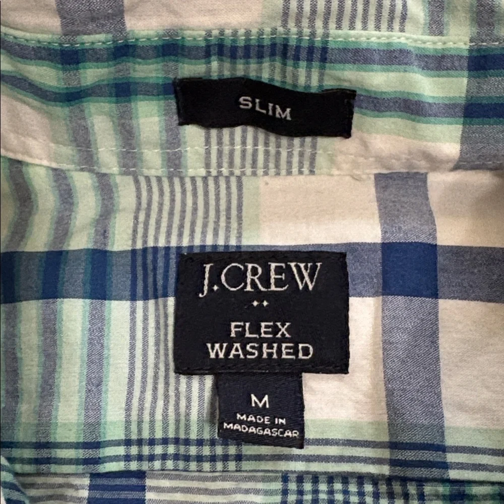 J. CREW FACTORY M Flex Washed Slim Cut blue, green, white button down shirt - Picture 2 of 8